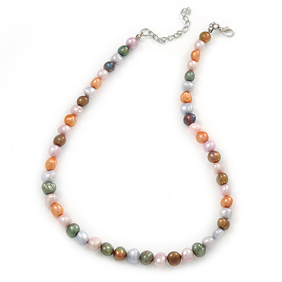 9mm Multicoloured Oval Freshwater Pearl Necklace In Silver Tone - 39cm L/ 4cm Ext
