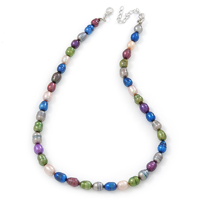 9-10mm Multicoloured Oval Freshwater Pearl Necklace - 41cm L/ 6cm Ext