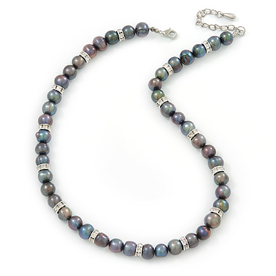 10mm Potato Shaped Peacock Coloured Freshwater Pearl With Crystal Rings Necklace In Silver Tone - 43cm L/ 6cm Ext