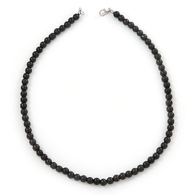 7mm Black Acrylic Bead Necklace In Silver Tone - 37cm L