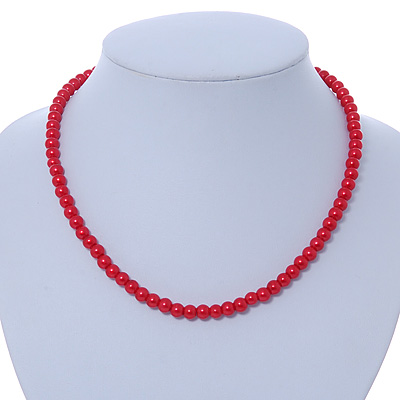 7mm Bright Red Acrylic Bead Necklace In Silver Tone - 37cm L
