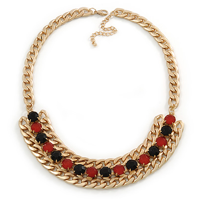 Chunky Gold Link Chain Bib Necklace with Pink/ Black Acrylic Stones - 44cm L/ 7cm Ext