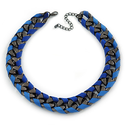 Chunky Gun Metal Oval Link with Blue Silk Ribbon Necklace - 42cm L/ 7cm Ext