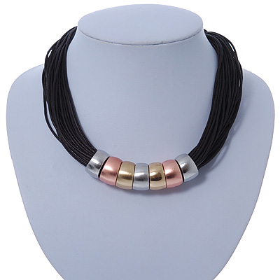 Black Waxed Cord Necklace with Silver/ Gold/ Copper Tone Metal Rings - 40cm L - main view