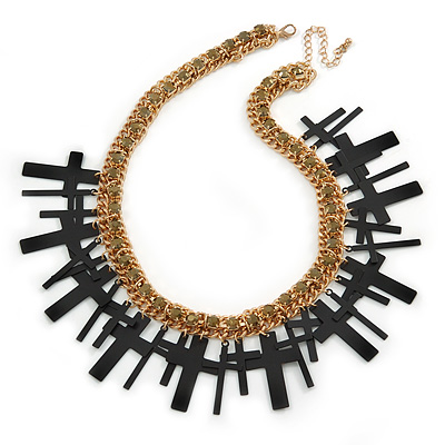 Statement Black Multi Cross, Hematite Crystal Chunky Chain Necklace In Gold Plating - 45cm L/ 8cm Ext