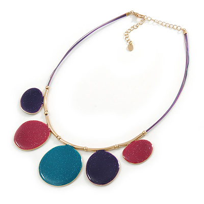 Purple/ Teal/ Pink Enamel Circle  Wire Cord Necklace In Gold Tone - 40cm L/ 7cm Ext