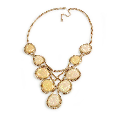 Vintage Inspired Statement V-Shape Structural Iridescent Glass Bead Necklace In Gold Tone - 48cm L/ 5cm Ext/ 10cm Bib - main view