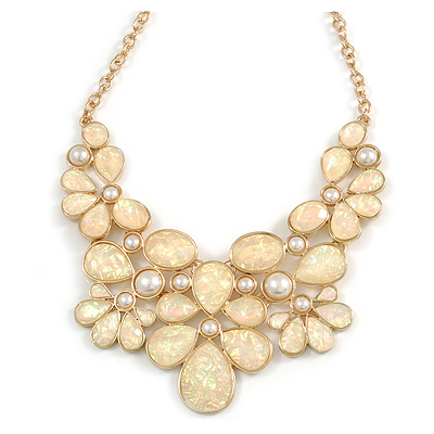 AB Resin Stone and White Peal Floral Bib Necklace In Gold Tone - 42cm L/ 8cm Ext - main view