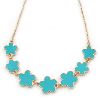 Cyan Blue Enamel Floral Necklace In Gold Tone - 40cm L/ 8cm Ext