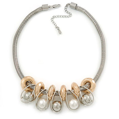 Silver Tone Chunky Mesh Chain with Gold Rings, Pearl and Metal Ball Necklace - 42cm L/ 9cm Ext - main view