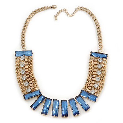 Statement Blue/ Clear Acrylic Bead Chunky Chain Necklace In Gold Tone Metal - 52cm L/ 7cm Ext