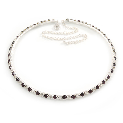 Thin Deep Purple/ Clear Austrian Crystal Choker Necklace In Rhodium Plated Metal - 33cm L/ 16cm Ext