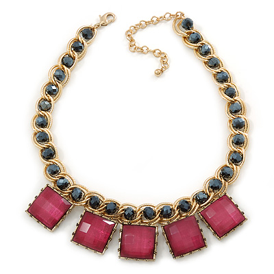 Statement Square Raspberry Pink Glass Station, Black Glass Bead With Gold Tone Chunky Chain Necklace - 44cm L/ 9cm Ext