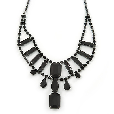Victorian Style Black Glass Stone Necklace In Black Tone Metal  - 38cm L/ 8cm Ext