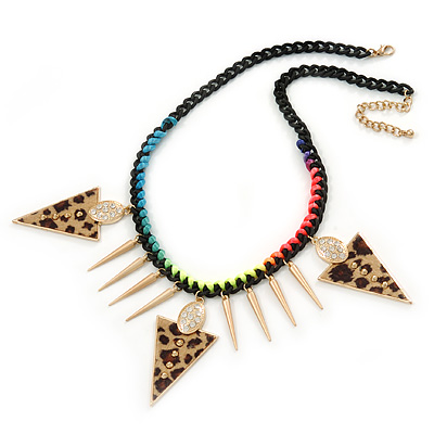 Statement Triangular Charm Black Chunky Chain With Multicoloured Silky Rope Necklace - 54cm L/ 7cm Ext
