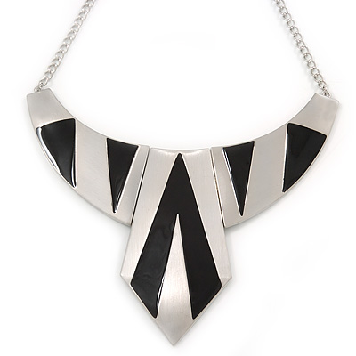 Statement Structural Bib Style Necklace In Silver Tone with Black Enamel - 42cm L/ 6cm Ext