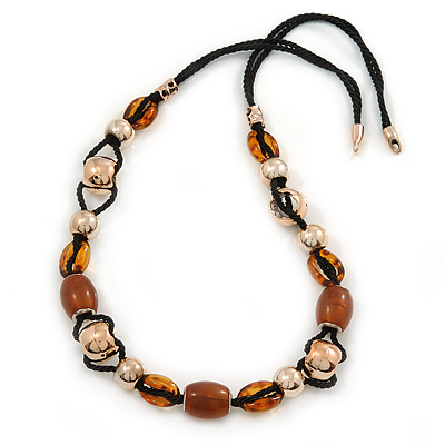Long Brown, Gold Acrylic Bead Black Silk Cotton Cord Necklace - 88cm L - main view