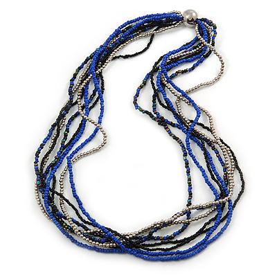 Silver/ Blue/ Black Multistrand Glass Bead Long Necklace - 72cm L