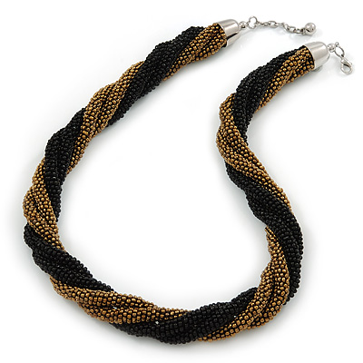 Black/ Bronze Glass Bead Twisted Necklace In Silver Tone - 57cm L/ 4cm Ext