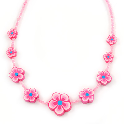 Children's Pink Floral Necklace with Silver Tone Closure - 36cm L/ 6cm Ext - main view