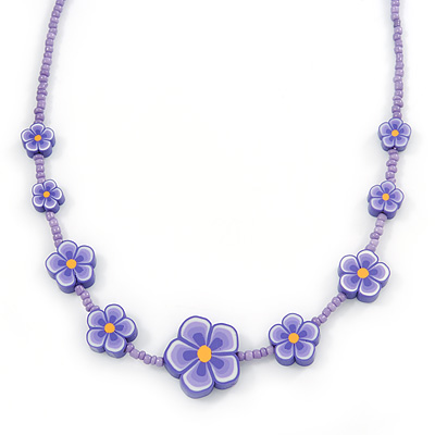 Children's Purple Floral Necklace with Silver Tone Closure - 36cm L/ 6cm Ext