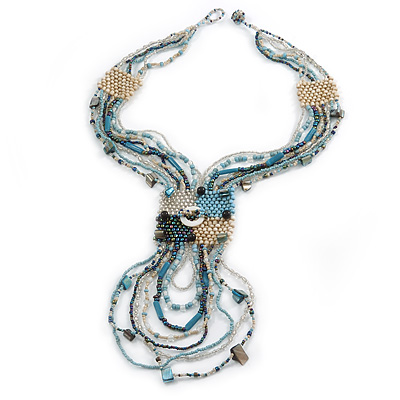 Light Blue/ Antique White/ Peacock Glass Bead Tassel Necklace with Button and Loop Closure - 44cm L (Necklace)/ 17cm L (Tassel)50