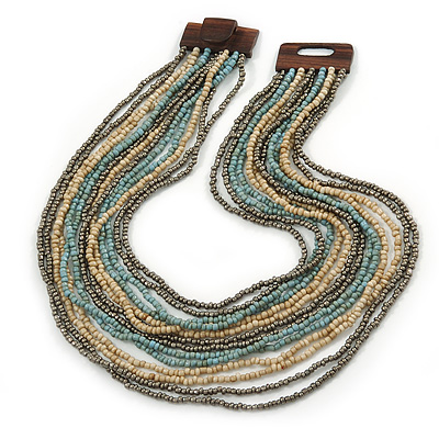 Antique White/ Metallic Grey/ Light Blue Glass Bead Multistrand, Layered Necklace With Wooden Square Closure - 56cm L
