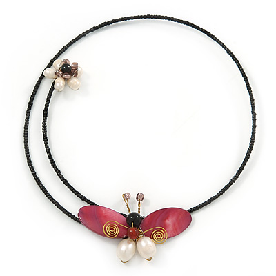 Shell Butterfly and Freshwater Pearl Flower Flex Wire Choker Necklace - Adjustable
