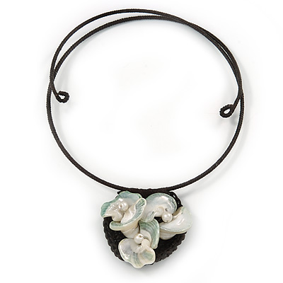 Sea Shell Calla Lily Floral Pendant Flex Wire Choker Necklace - Adjustable - main view