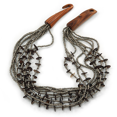 Ethnic Multistrand Metallic Grey, Black Glass Necklace With Wood Hook Closure - 50cm L - main view