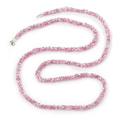 Long Multistrand Twisted Glass Bead Necklace (Baby Pink, White) - 124cm L