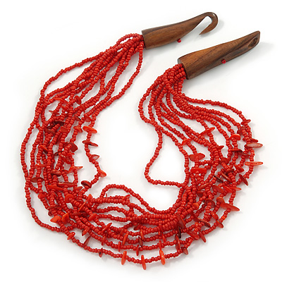 Ethnic Multistrand Red Glass Necklace With Wood Hook Closure - 50cm L - main view