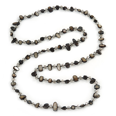 Long Black Shell Nugget and Transparent Glass Crystal Bead Necklace - 110cm L