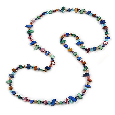 Long Multicoloured Shell Nugget and Glass Crystal Bead Necklace - 120cm L