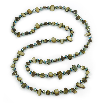 Long Olive Green Shell Nugget and Glass Crystal Bead Necklace - 110cm L