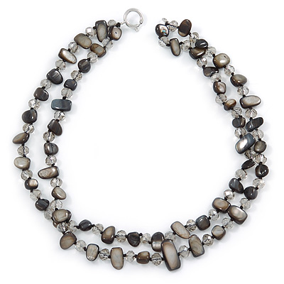 Two Row Black Shell Nugget and Transparent Glass Crystal Bead Necklace - 44cm L
