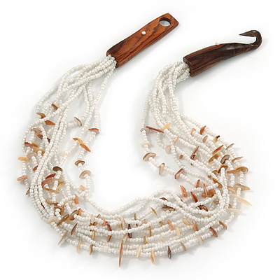Ethnic Multistrand White/ Nude Glass Necklace With Wood Hook Closure - 50cm L