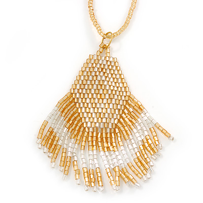 Gold/ White Glass Bead Tassel Pendant with Gold Bead Chain - 62cm Chain/ 7cm Pendant