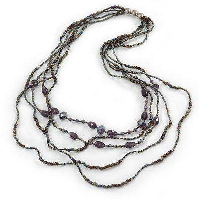 Long Multistrand Layered Glass Bead Necklace (Peacock/ Purple) - 96cm L