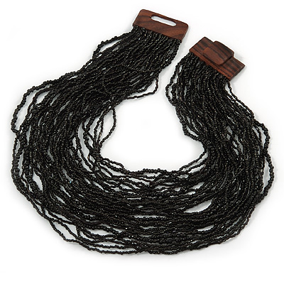 Black Glass Bead Multistrand, Layered Necklace With Wooden Square Closure - 64cm L - main view