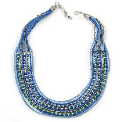 Multistrand Blue/ Teal Glass Bead Collar Style Necklace In Silver Tone Metal - 42cm L/ 4cm Ext