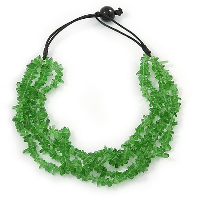 Grass Green Glass Nuggets With Black Cords Necklace - 50cm L