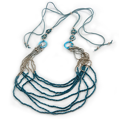 Long Multistrand Stone, Glass Bead, Sea Shell with Suede Cord Necklace (Light Blue, Grey, Teal) - 110cm L/ 120cm L- Adjustable - main view