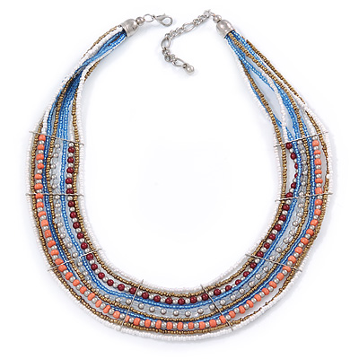 Multistrand White/ Coral/ Blue/ Bronze Glass Bead Collar Style Necklace In Silver Tone Metal - 42cm L/ 4cm Ext - main view