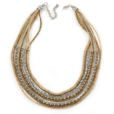 Multistrand Bronze/ Metallic Silver/ Transparent Glass Bead Collar Style Necklace In Silver Tone Metal - 42cm L/ 4cm Ext