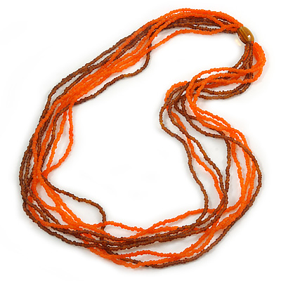 Frosted Bright Orange/ Brown Multistrand Glass Bead Long Necklace - 86cm L