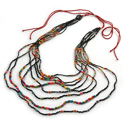 Long Multistrand, Layered Multicoloured Wood and Glass Bead Necklace with Red Suede Cord - Adjustable - 115cm/ 140cm L