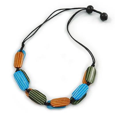 Blue/ Green/ Brown Oval Ceramic Beads Black Waxed Cord Necklace - 62cm L