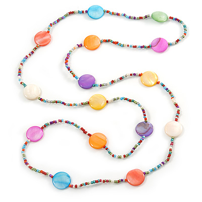 Long Multicoloured Coin Shell Bead Necklace - 118cm L - main view