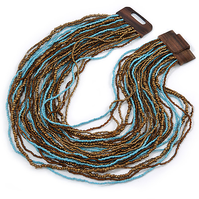 Light Blue/ Bronze/ Brown Glass Bead Multistrand, Layered Necklace With Wooden Square Closure - 52cm L